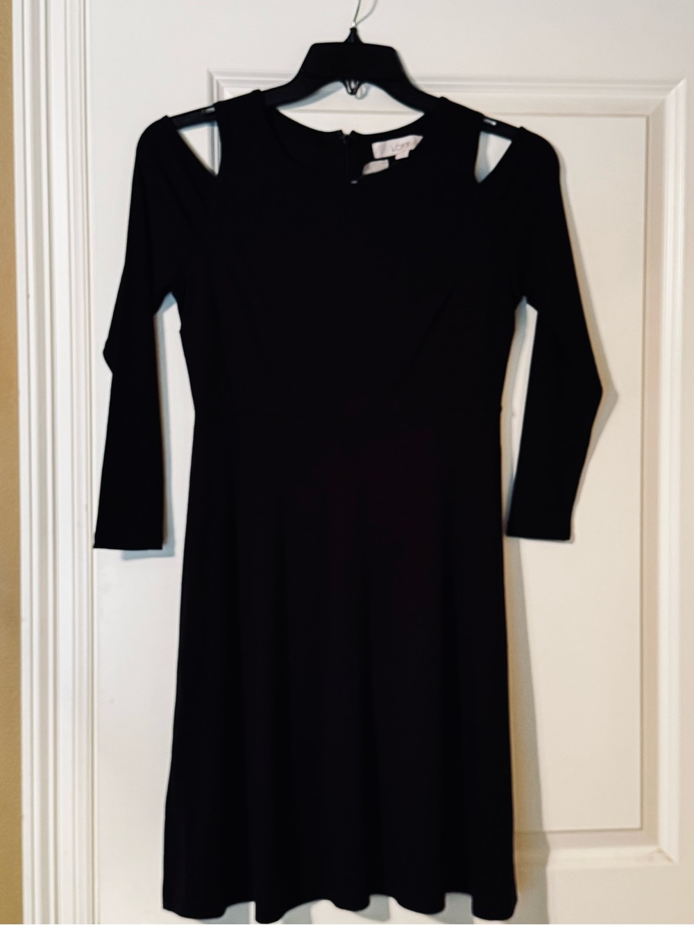 NWT LOFT Black Cold Shoulder Fit & Flare Dress Size 4 Petite 3/4 Sleeve Career